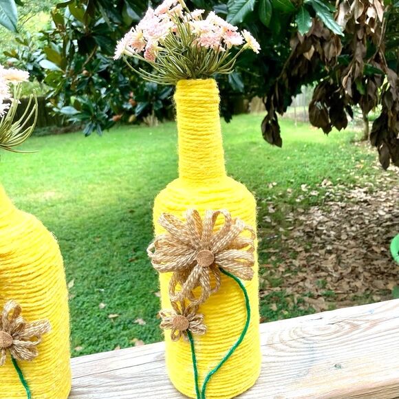 Bud Vases Recycled Glass Flower Yarn Wrapped Yellow Brown Green Set of 2 - Picture 11 of 14